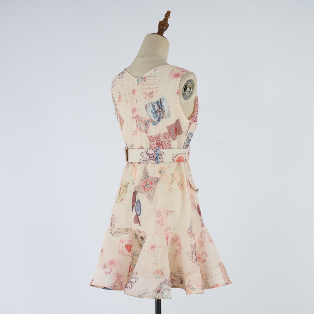V-neck sleeveless printing dress light luxury mini waistcoat