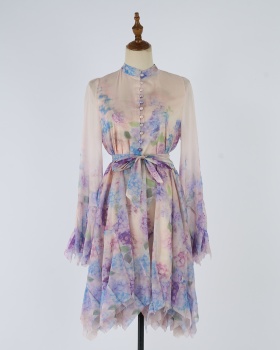 Short printing temperament hem beautiful elegant dress