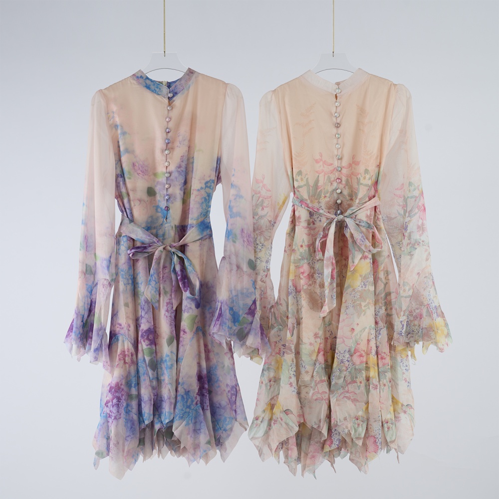 Short printing temperament hem beautiful elegant dress