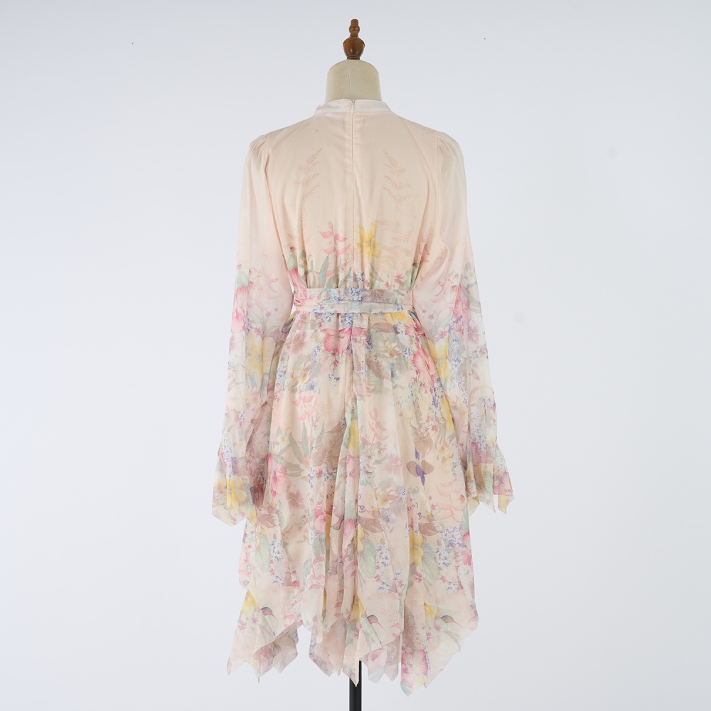 Short printing temperament hem beautiful elegant dress