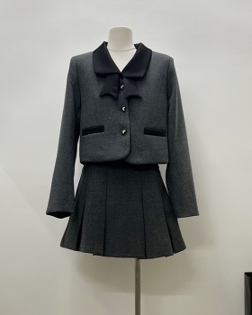 France style pleated skirt bow woolen coat 2pcs set