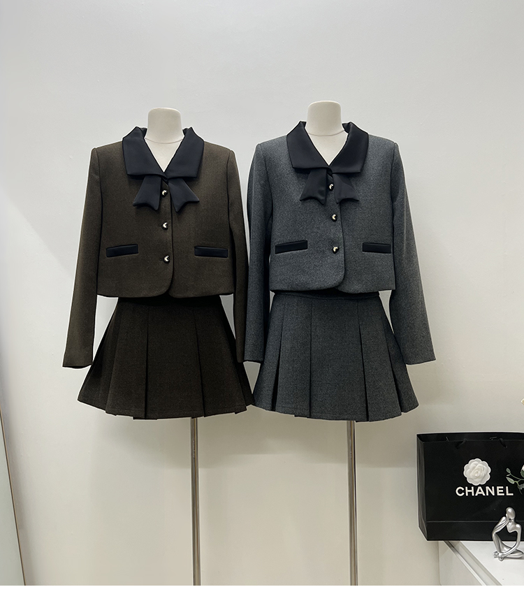 France style pleated skirt bow woolen coat 2pcs set