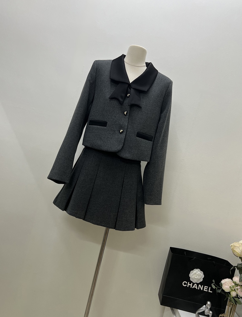France style pleated skirt bow woolen coat 2pcs set