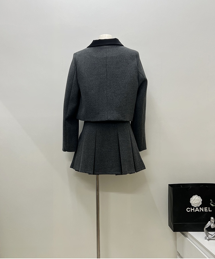 France style pleated skirt bow woolen coat 2pcs set