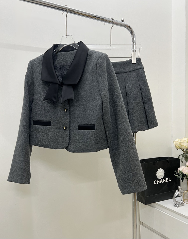 France style pleated skirt bow woolen coat 2pcs set
