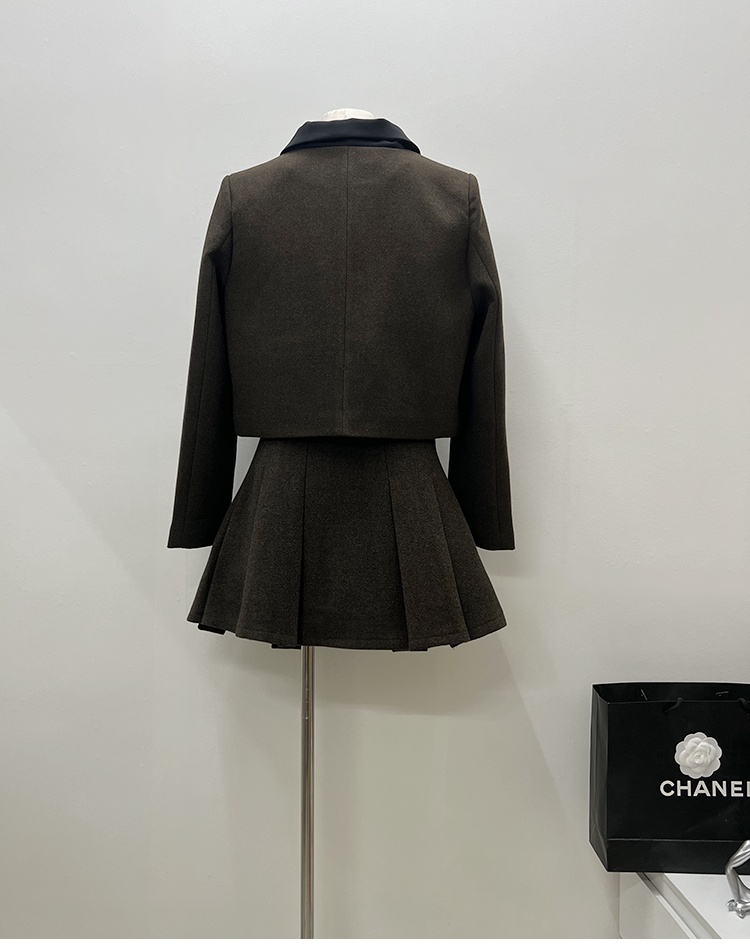 France style pleated skirt bow woolen coat 2pcs set