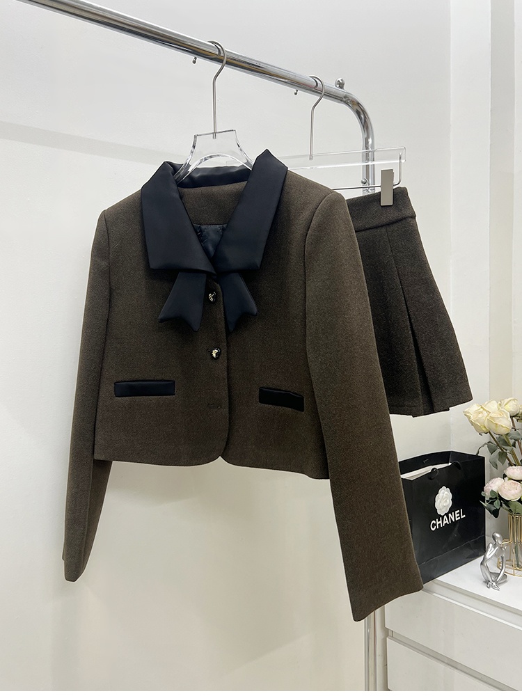 France style pleated skirt bow woolen coat 2pcs set