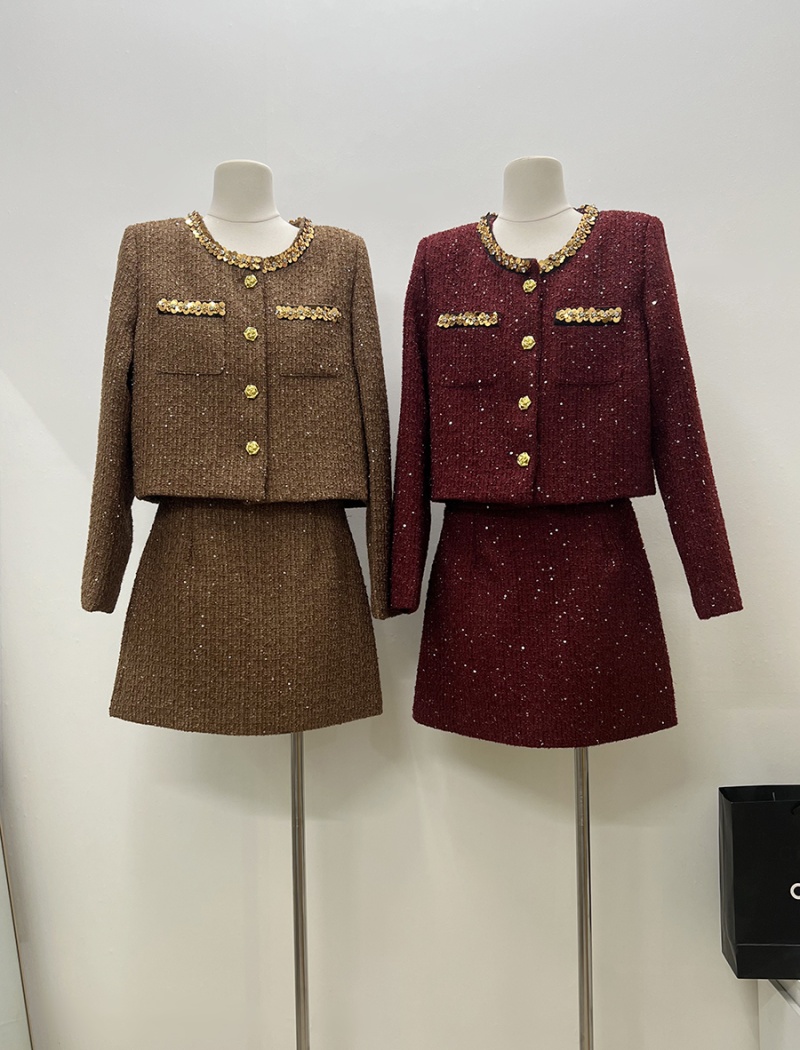 Round neck coat clip cotton short skirt 2pcs set