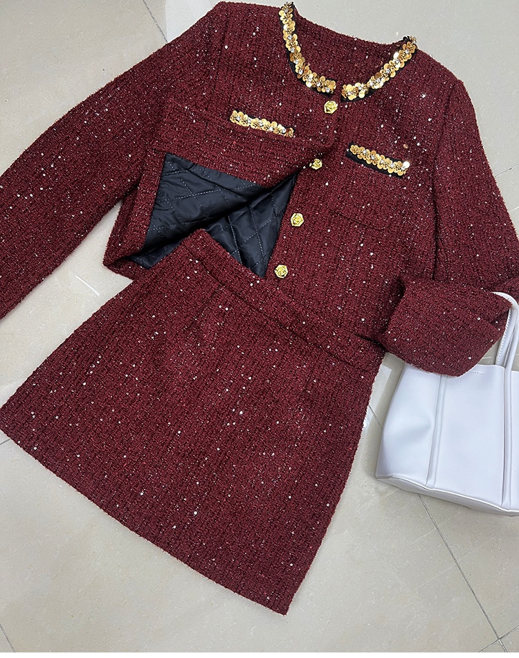 Round neck coat clip cotton short skirt 2pcs set