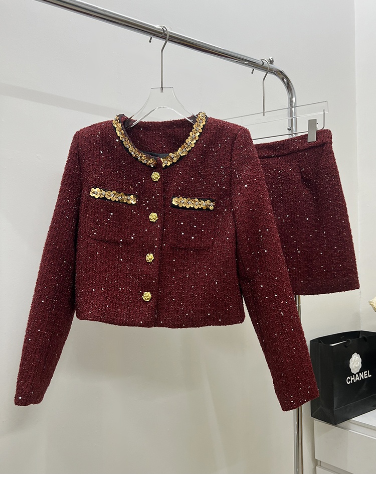 Round neck coat clip cotton short skirt 2pcs set