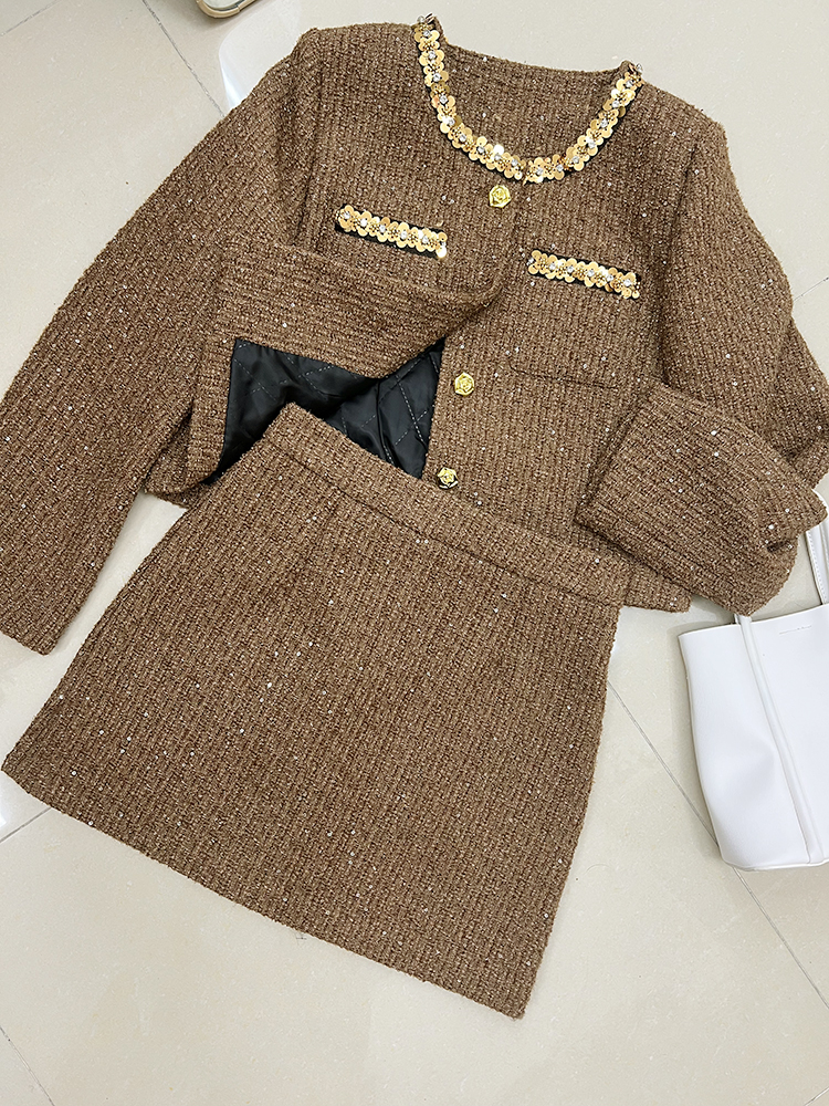 Round neck coat clip cotton short skirt 2pcs set