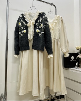 Bow flowers dress Korean style knitwear shirts 2pcs set