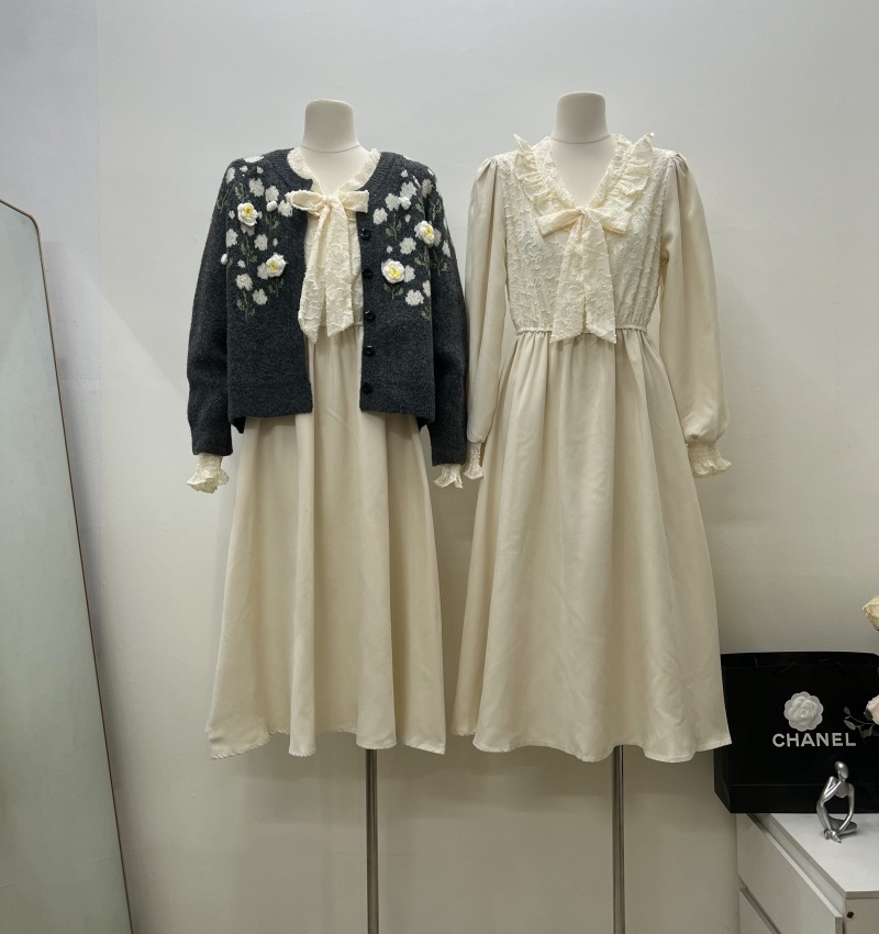 Bow flowers dress Korean style knitwear shirts 2pcs set