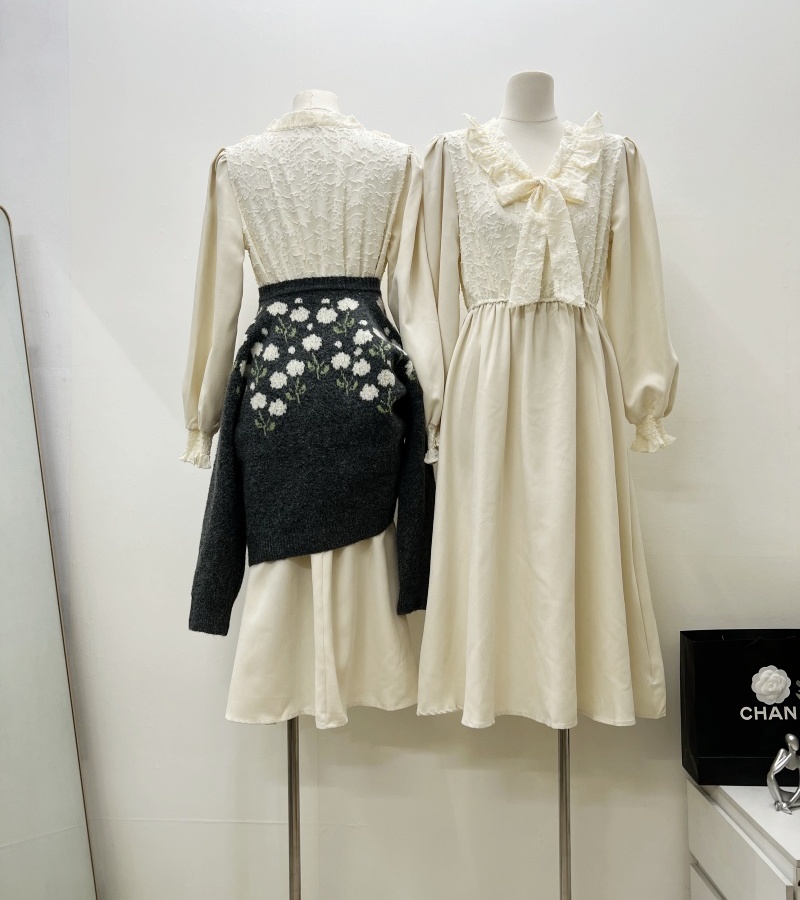 Bow flowers dress Korean style knitwear shirts 2pcs set