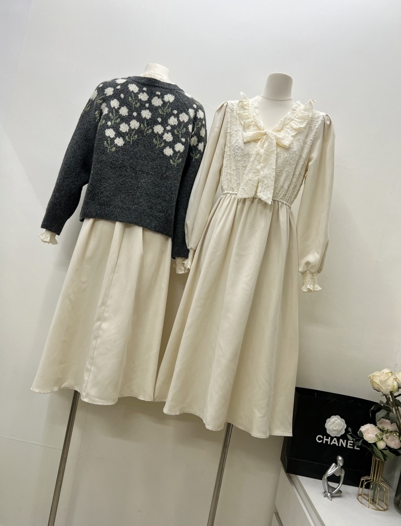 Bow flowers dress Korean style knitwear shirts 2pcs set