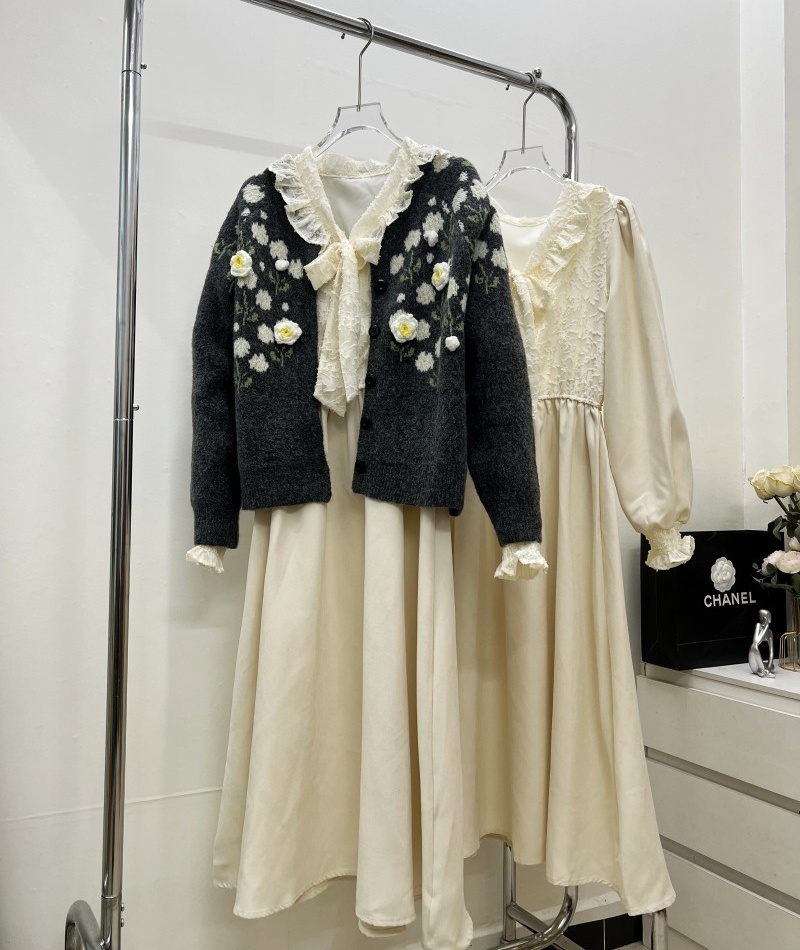 Bow flowers dress Korean style knitwear shirts 2pcs set