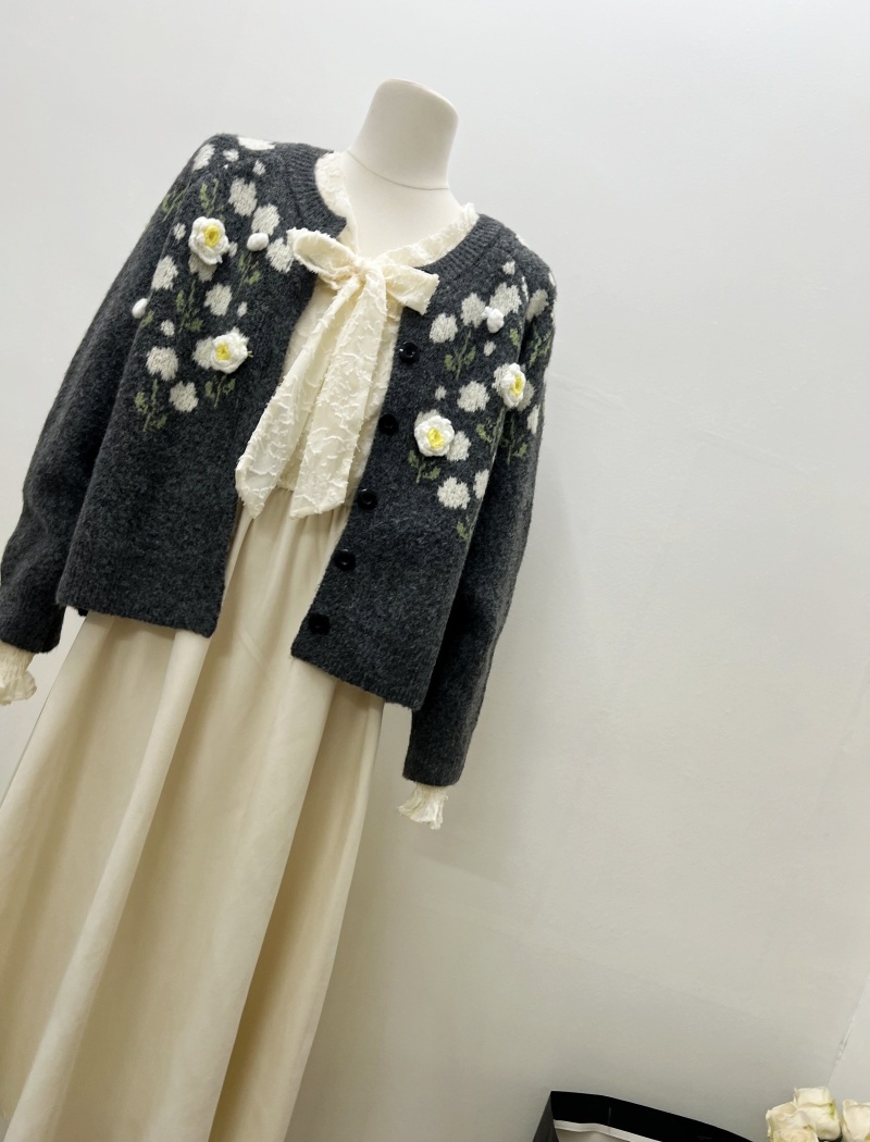 Bow flowers dress Korean style knitwear shirts 2pcs set