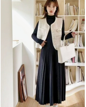 Korean style long sleeve dress all-match waistcoat 2pcs set