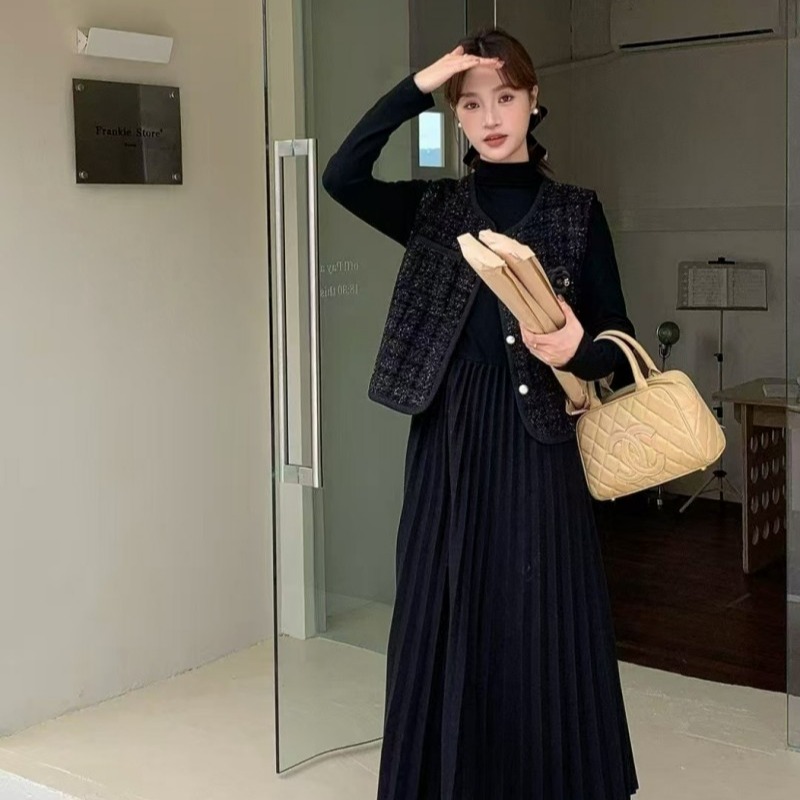 Korean style long sleeve dress all-match waistcoat 2pcs set