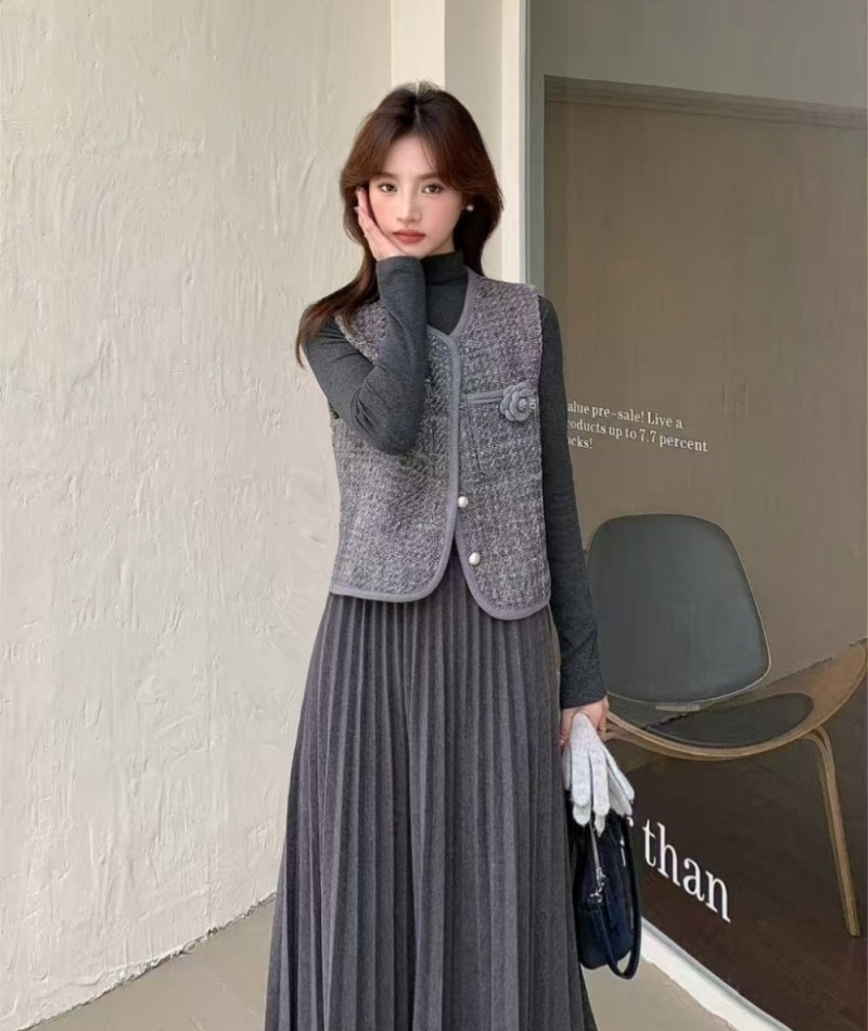 Korean style long sleeve dress all-match waistcoat 2pcs set