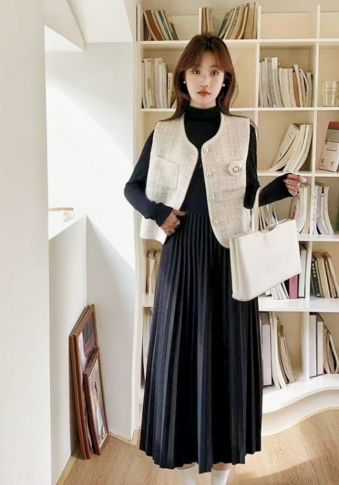 Korean style long sleeve dress all-match waistcoat 2pcs set