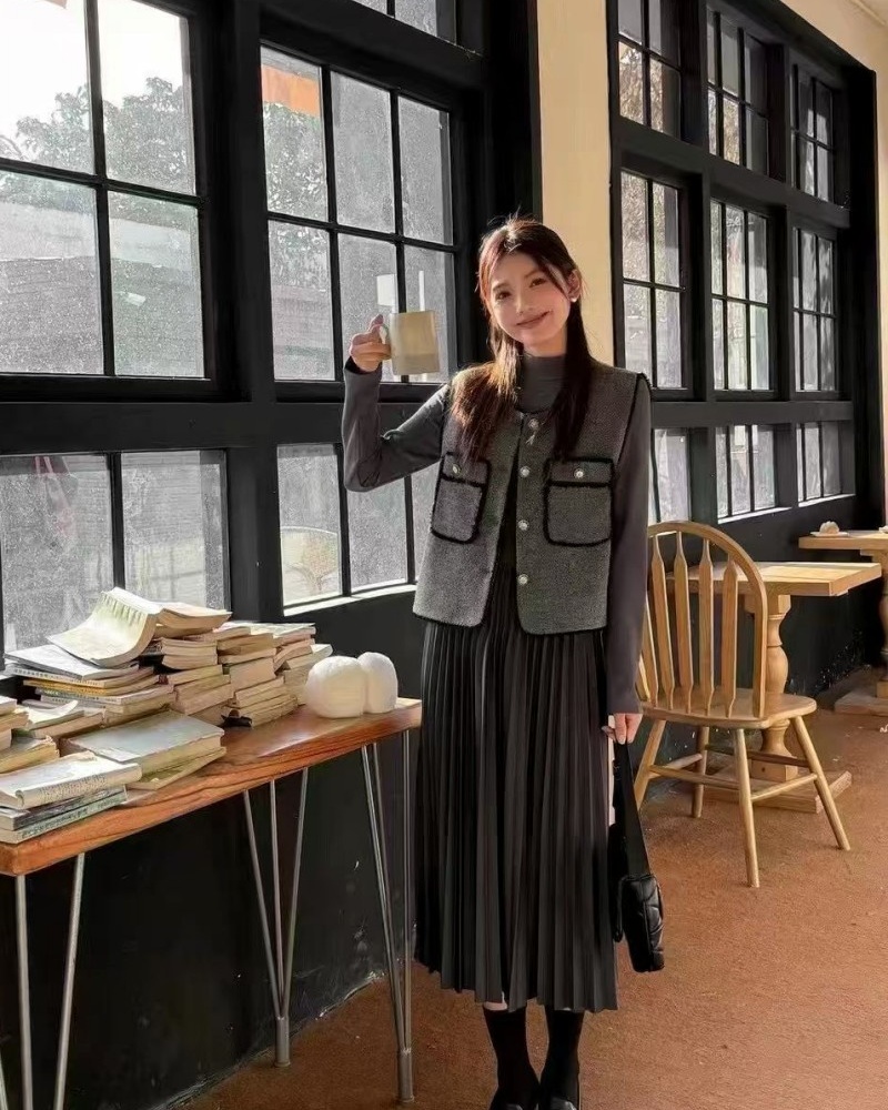 Loose waistcoat long sleeve dress 2pcs set