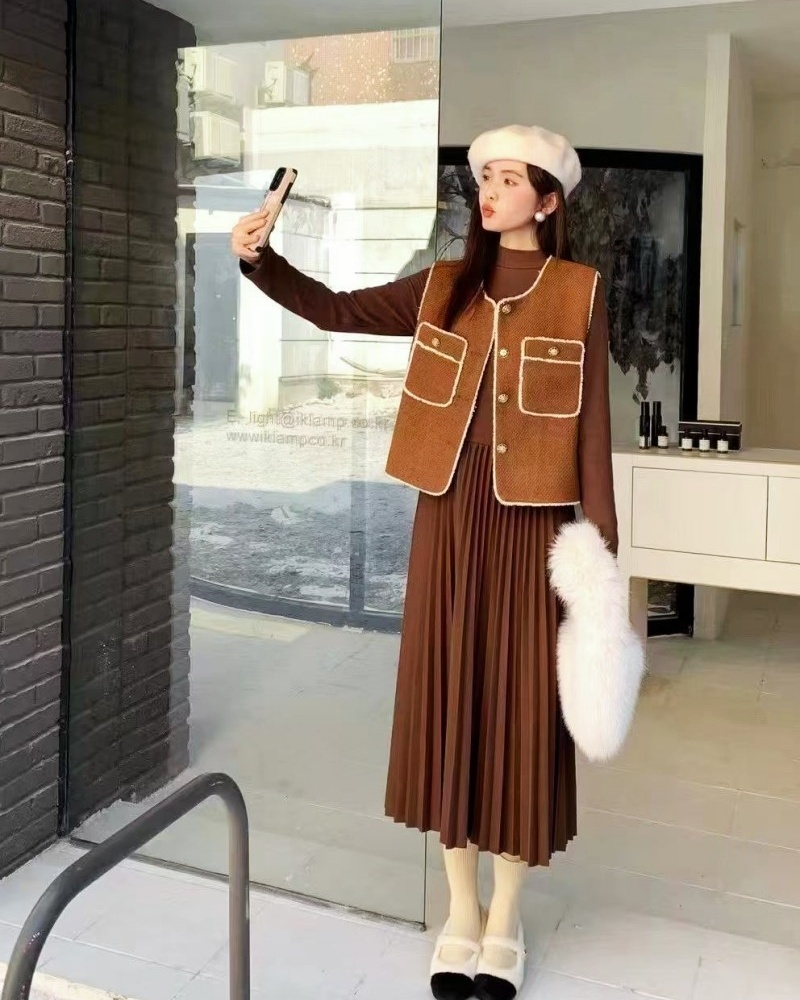 Loose waistcoat long sleeve dress 2pcs set