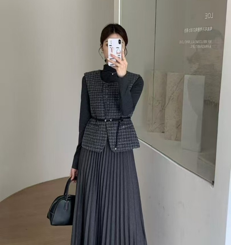 Plaid waistcoat Korean style dress 3pcs set