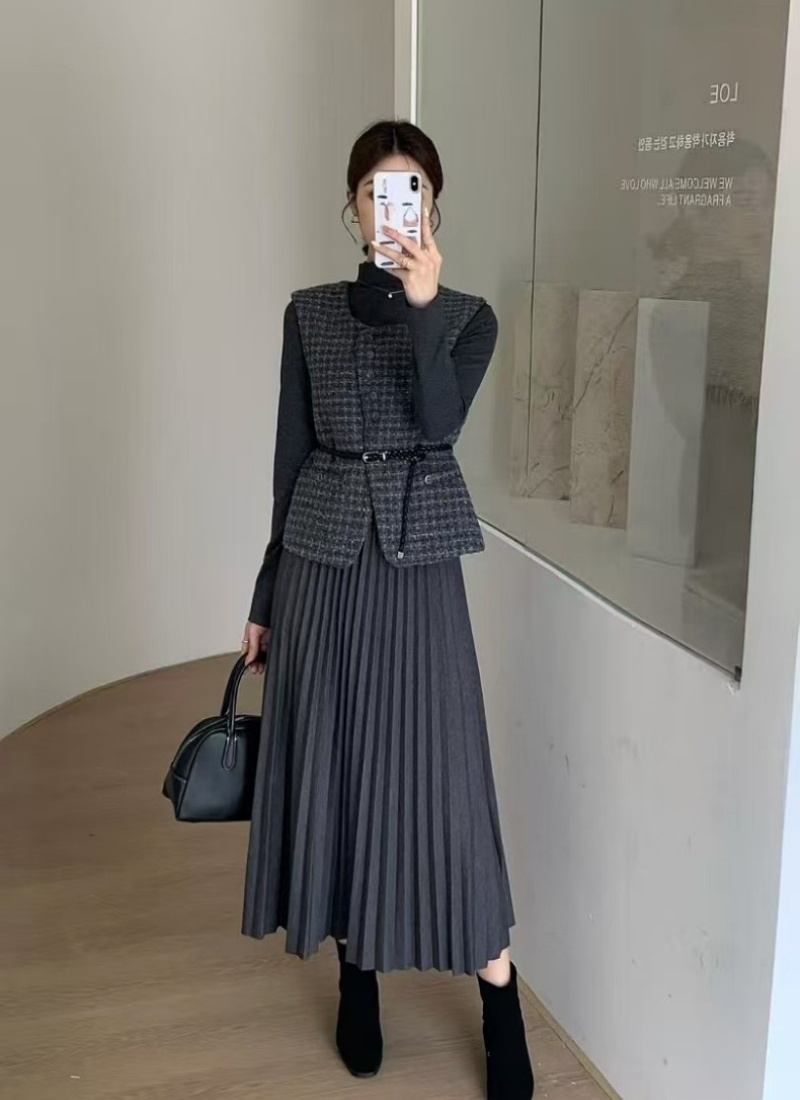Plaid waistcoat Korean style dress 3pcs set