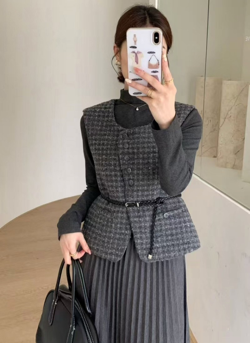 Plaid waistcoat Korean style dress 3pcs set