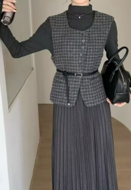Plaid waistcoat Korean style dress 3pcs set