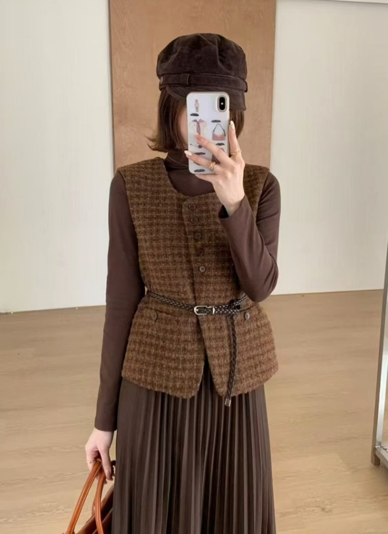 Plaid waistcoat Korean style dress 3pcs set