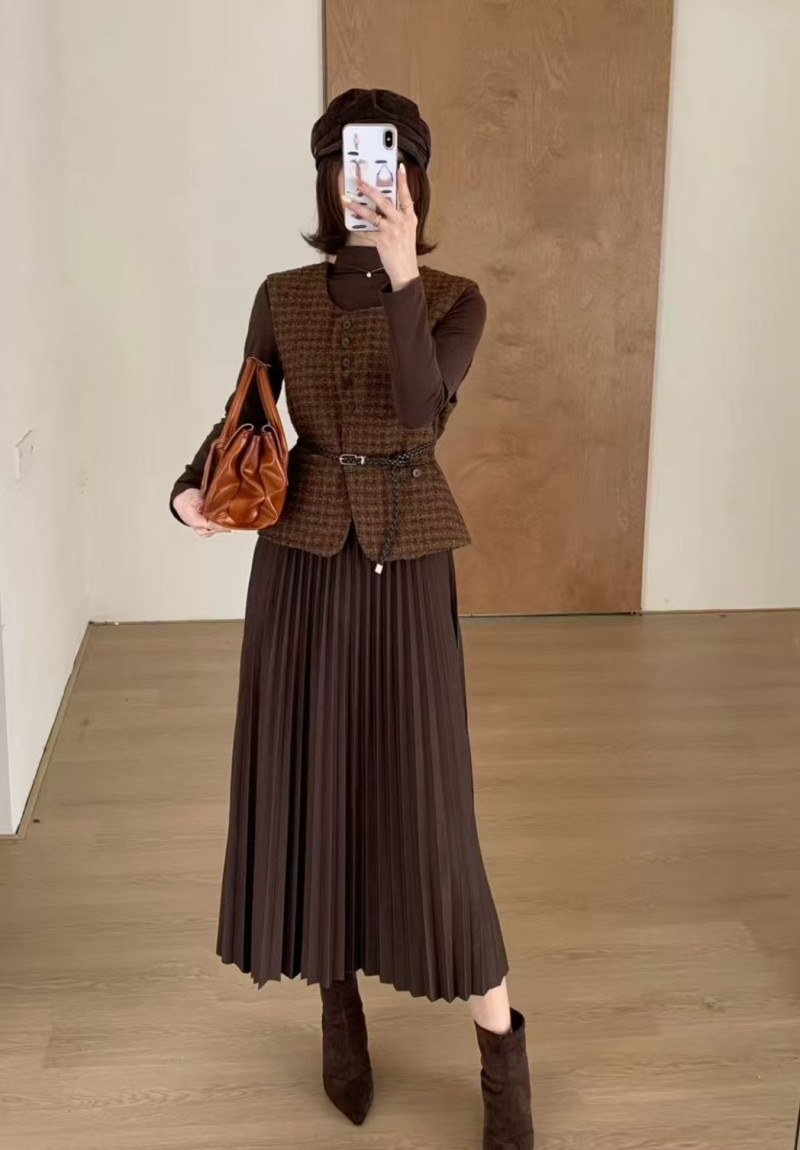 Plaid waistcoat Korean style dress 3pcs set