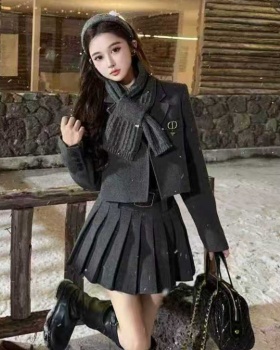 Winter woolen coat France style clip cotton skirt 3pcs set