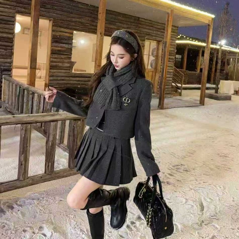 Winter woolen coat France style clip cotton skirt 3pcs set