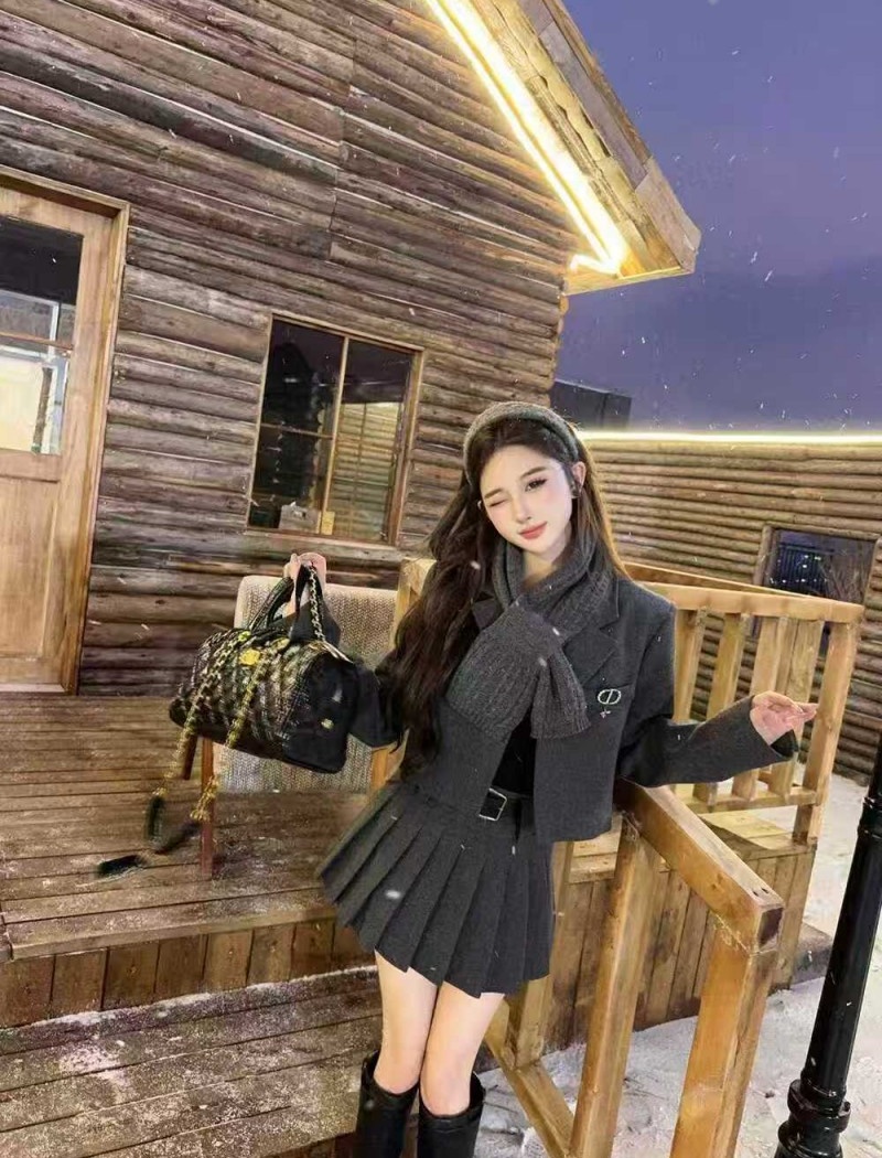Winter woolen coat France style clip cotton skirt 3pcs set