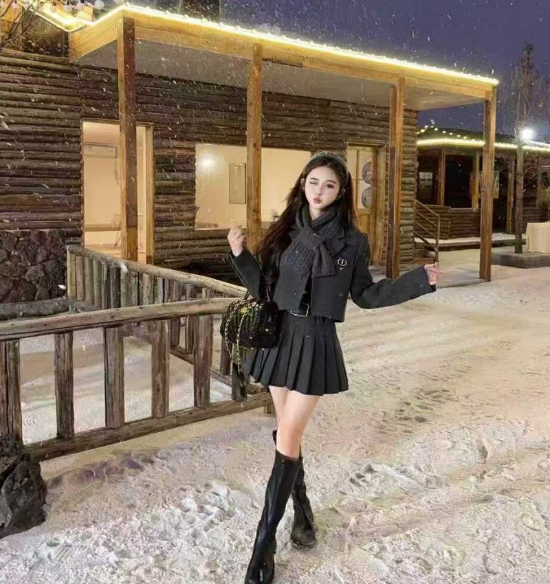 Winter woolen coat France style clip cotton skirt 3pcs set