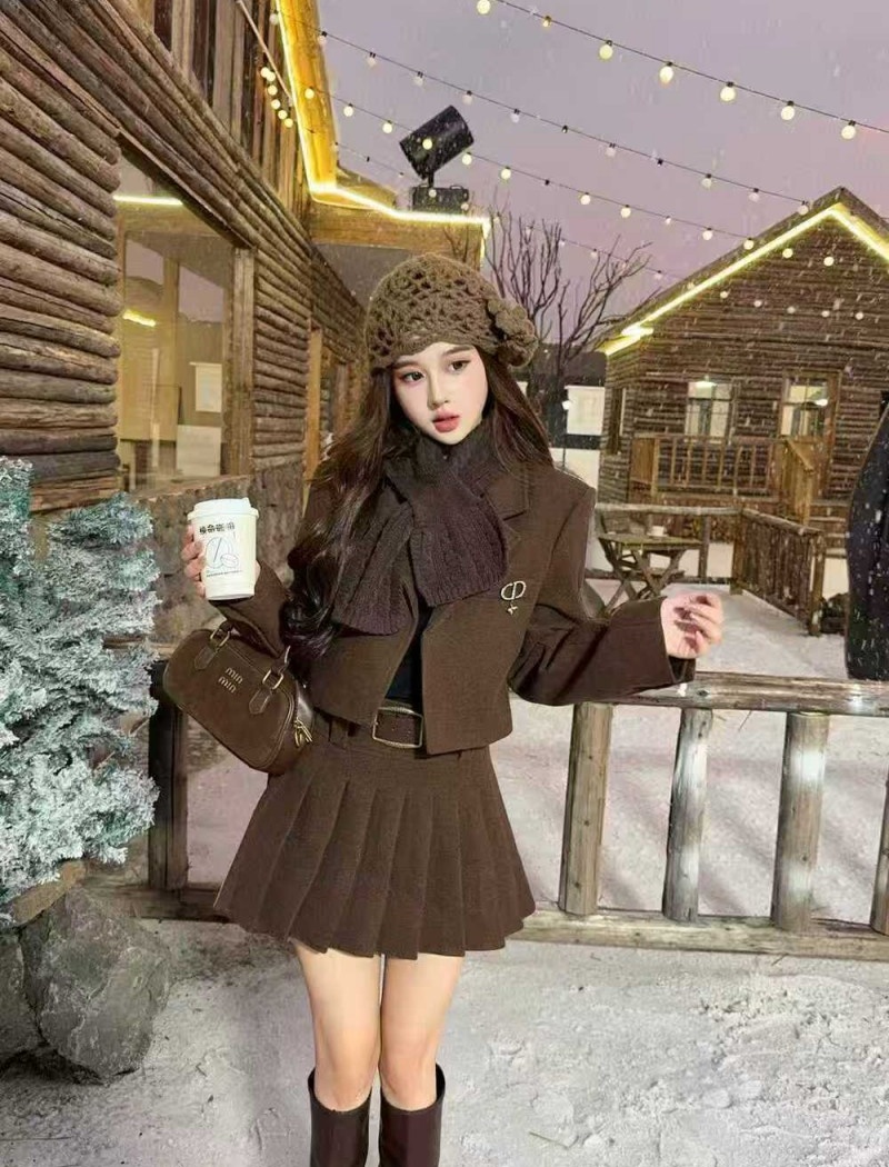 Winter woolen coat France style clip cotton skirt 3pcs set