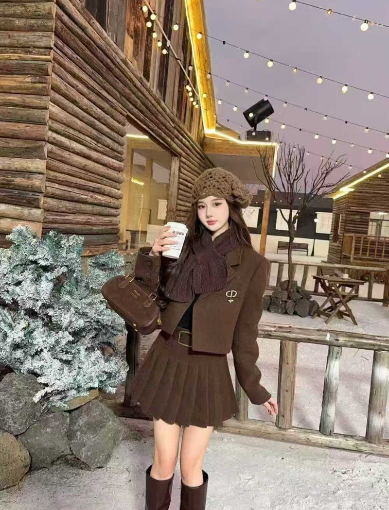Winter woolen coat France style clip cotton skirt 3pcs set