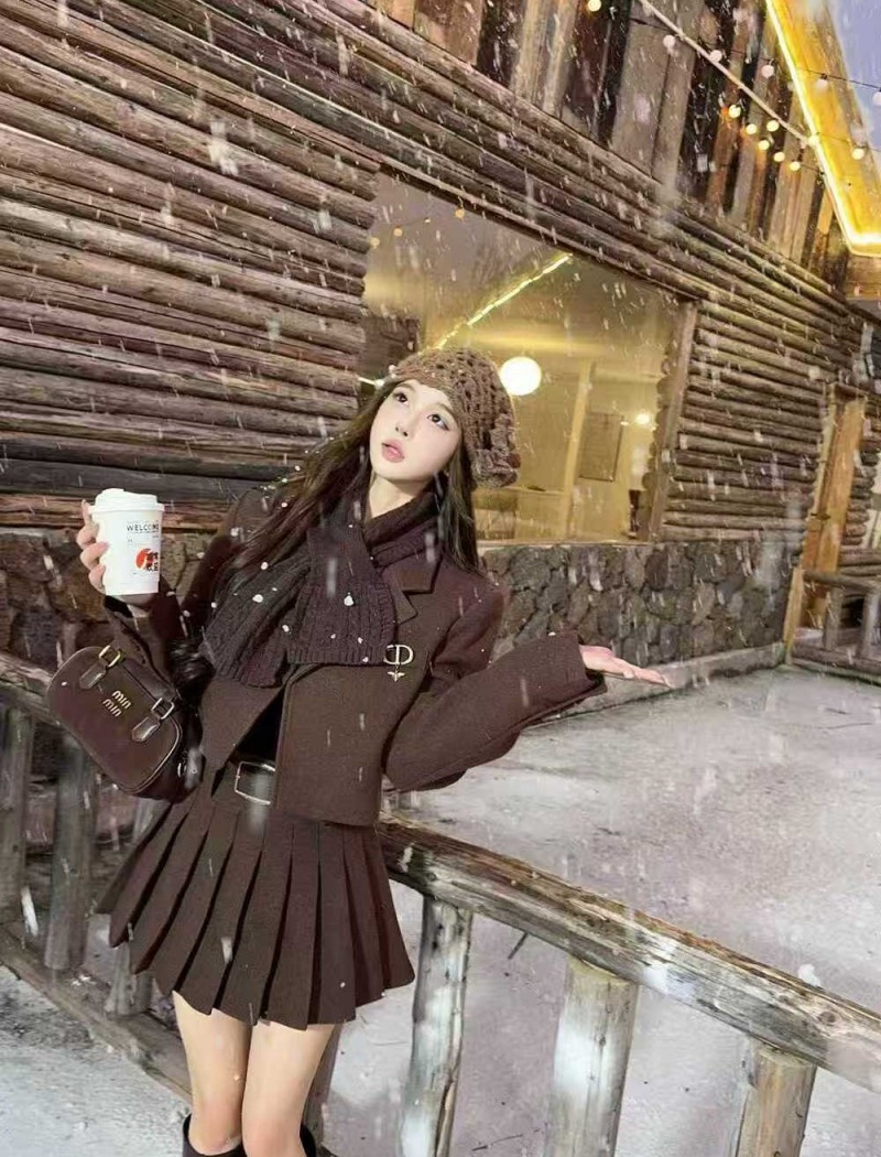 Winter woolen coat France style clip cotton skirt 3pcs set
