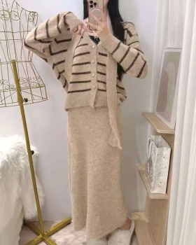 Long sleeve package hip sweater stripe Casual skirt for women