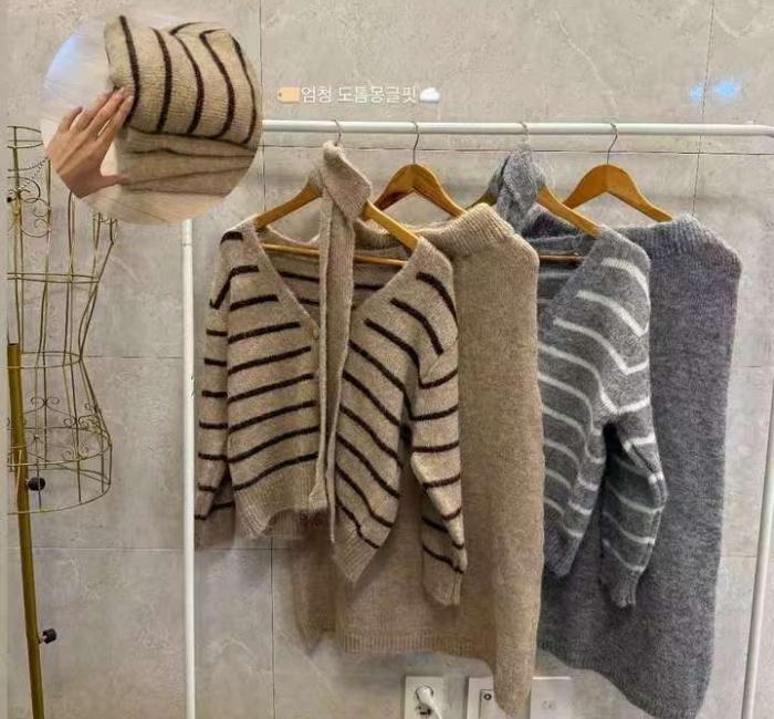 Long sleeve package hip sweater stripe Casual skirt for women
