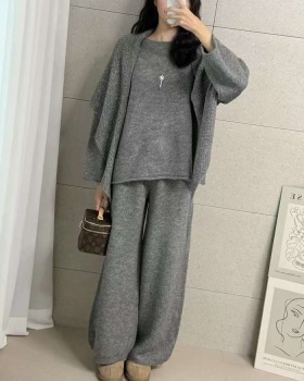 France style drape long pants V-neck sweater 3pcs set