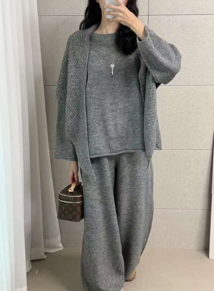 France style drape long pants V-neck sweater 3pcs set