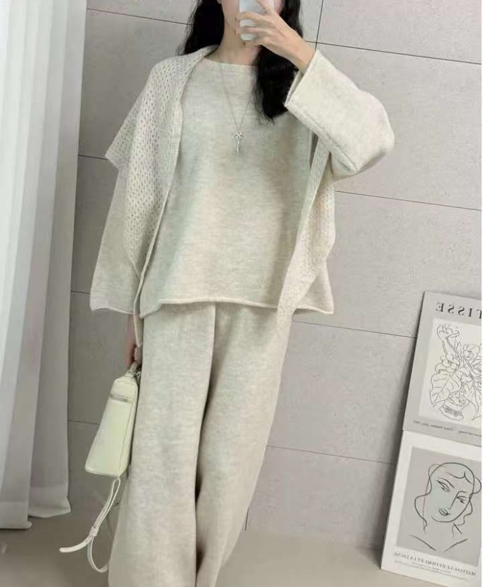 France style drape long pants V-neck sweater 3pcs set