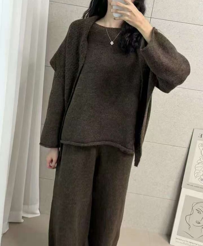 France style drape long pants V-neck sweater 3pcs set