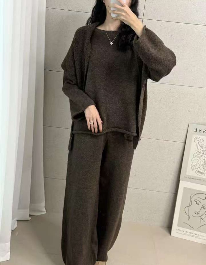 France style drape long pants V-neck sweater 3pcs set