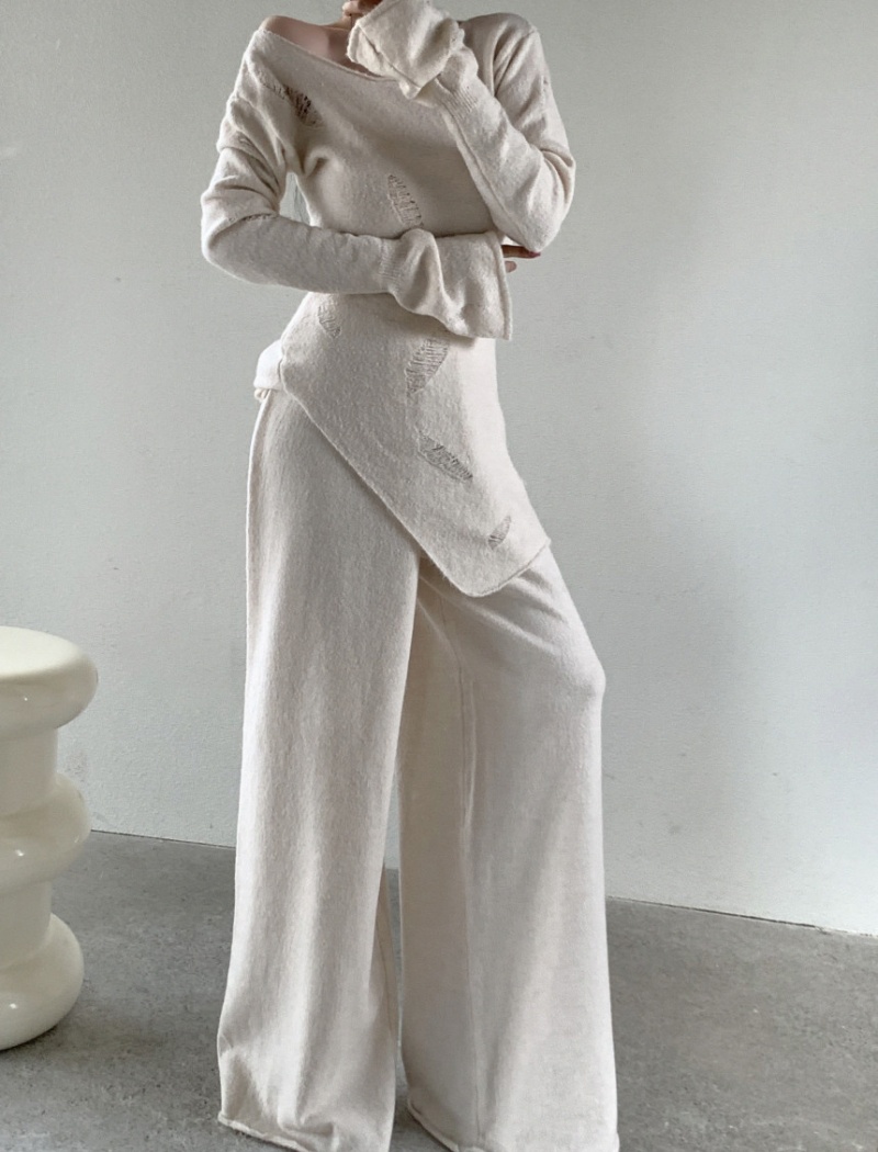 Knitted long pants holes tops 2pcs set