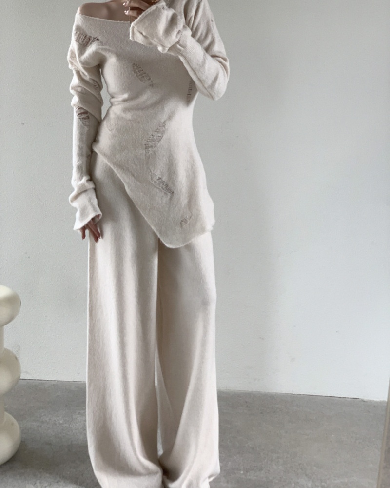Knitted long pants holes tops 2pcs set