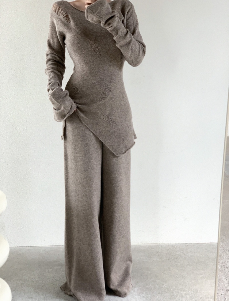 Knitted long pants holes tops 2pcs set